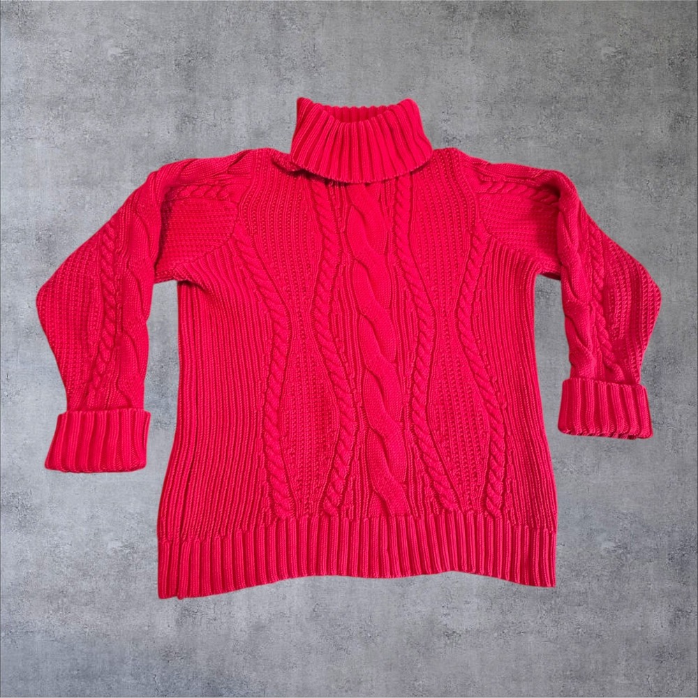 Lands End Red Cable Knit Turtleneck Sweater Womens 2X 20W-22W 100% Cotton Chunky